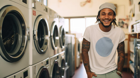 Portrait of smiling African American man standing in laundry roomの素材