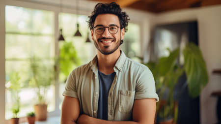 Portrait of a handsome young man with eyeglasses smiling at camera while standing at homeの素材