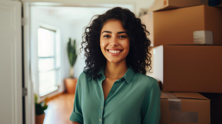 Smiling african american woman moving in new house. Young female holding cardboard boxes.の素材