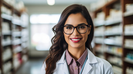 Portrait of smiling female pharmacist in eyeglasses in pharmacyの素材