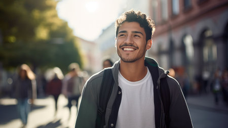 Young man with backpack walking on the street in a European city.の素材