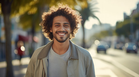 Portrait of handsome young man with curly hair smiling and looking at camera in the cityの素材