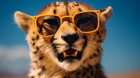 Close-up selfie portrait of a giggling cheetah wearing sunglasses.の素材