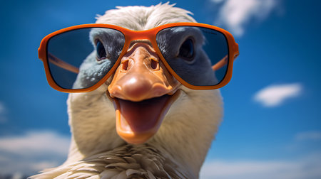 Close-up selfie portrait of a hot goose wearing sunglasses.の素材