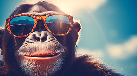 Close-up selfie portrait of a zany chimpanzee wearing sunglasses.の素材