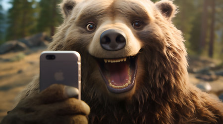 Close-up of bear taking selfie with mobile phone on forest backgroundの素材