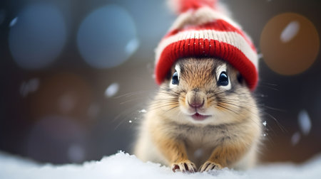 Portrait of a chipmunk in Santa hat. Christmas backgroundの素材