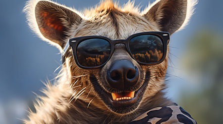 portrait of a grinning hyena wearing sunglasses.の素材