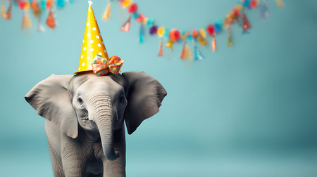 Funny elephant with birthday party hat on background.の素材