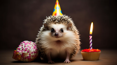 Funny hedgehog with birthday party hat on background.の素材