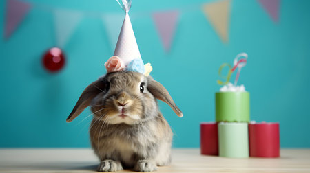 Funny rabbit with birthday party hat on background.の素材
