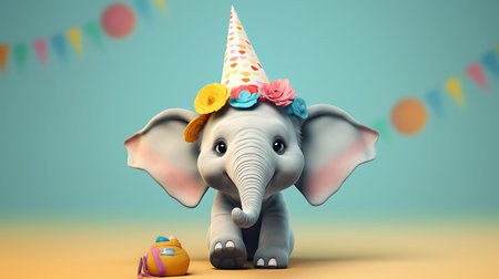Funny elephant with birthday party hat on background.の素材
