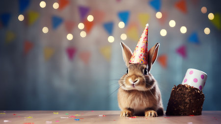 Funny rabbit with birthday party hat on background.の素材
