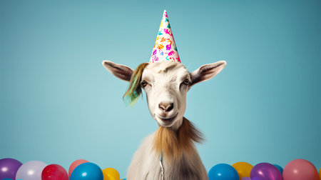 Funny goat with birthday party hat on background.の素材