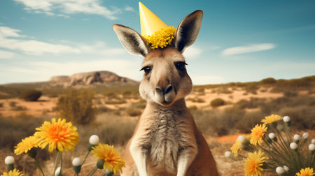 Funny kangaroo with birthday party hat on background.の素材