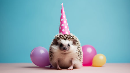Funny hedgehog with birthday party hat on background.の素材