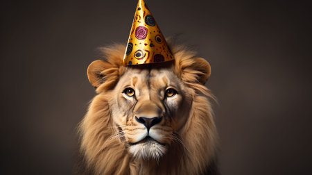 Funny lion with birthday party hat on background.の素材