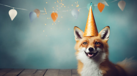 Funny fox with birthday party hat on background.の素材
