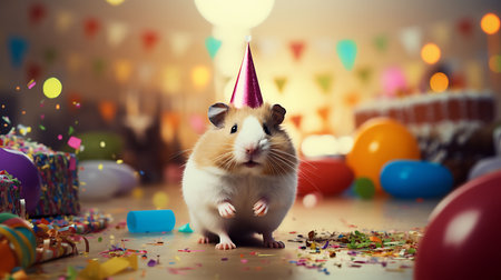 Funny hamster with birthday party hat on background.の素材