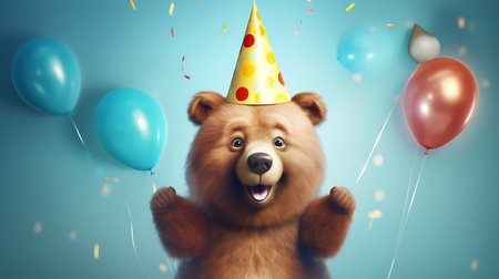 Funny bear with birthday party hat on background.の素材