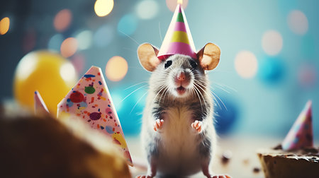 Funny mouse with birthday party hat on background.の素材