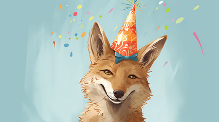 Funny coyote with birthday party hat on background.の素材