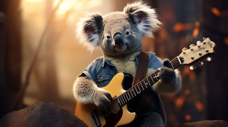 Cute koala playing guitar and singing on a dark background.の素材