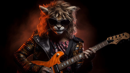 Rock girl with electric guitar in leather jacket and sunglasses on dark backgroundの素材