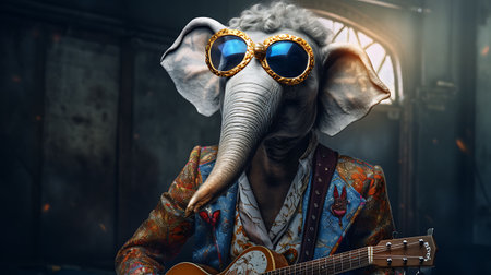 Portrait of an elephant playing the ukulele and singing.の素材