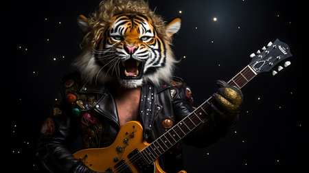 Fantasy portrait of a tiger with electric guitar and sunglasses on a black background.の素材