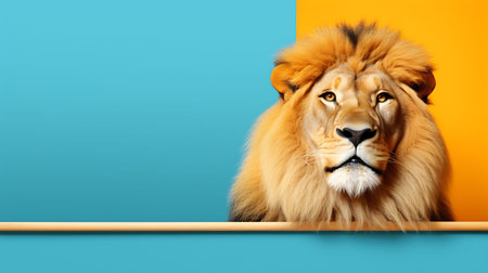 lion in front of a yellow and blue background with copy spaceの素材