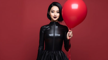 Asian woman in black latex over isolated full length preparing a surprise for Valentine's day.の素材
