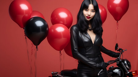 Asian woman in black latex over isolated background full length preparing a surprise for Valentine's day.の素材
