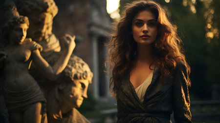 Beautiful Italian woman with model looks, taking an evening stroll in a historic park with ancient statuesの素材