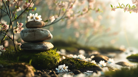 A serene scene of balance and harmony, celebrating the arrival of the Spring Equinox. Copy Space.の素材
