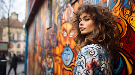 A beautiful young woman against the backdrop of vibrant street art in Montmartreの素材