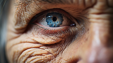 Close-up of the wrinkled face of an old man, large pupilsの素材