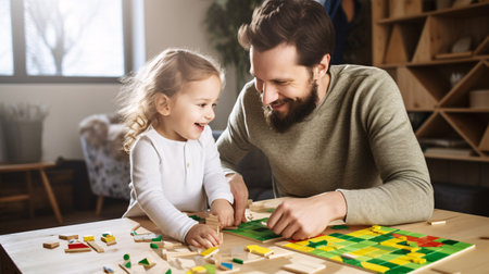 Teacher and toddler playing with maths puzzle game sitting on table at kindergartenの素材