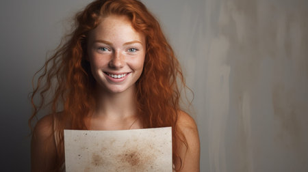 Beautiful young woman with freckles and a model appearance posing with a smile, holding a report on completed work.の素材