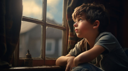 Boy sitting by the window, looking into the distance.の素材