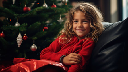 Adorable Austria girl sitting on sofa by christmas tree at homeの素材