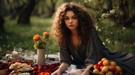 Young woman at a picnic surrounded by fruits and vegetables, but holding a large pastry or waffle cone in her handsの素材