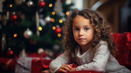 Adorable Austria girl sitting on sofa by christmas tree at homeの素材