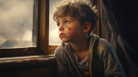 Boy sitting by the window, looking into the distance.の素材