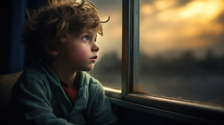 Boy sitting by the window, looking into the distance.の素材