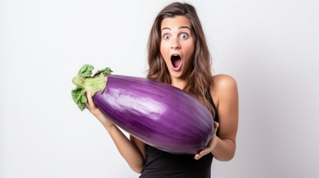 A beautiful young woman with a surprised face holds a large eggplant in her hands standing over white backgroundの素材