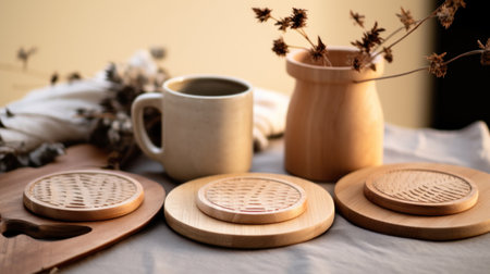 Using wooden coasters and trivets for a practical and natural tabletop solution. In the spirit of hygge. Copy spaceの素材