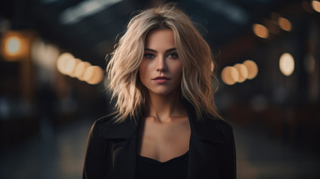 Woman with blonde hair in a black suitの素材