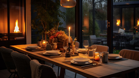 Well-set dining areas with warm lighting for shared meals. In the spirit of hyggeの素材