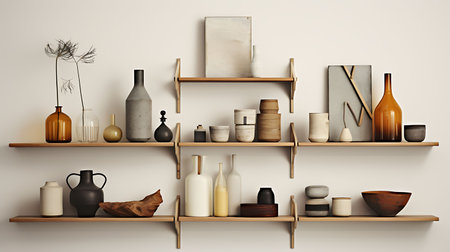 Wall shelf with a collection of Scandinavian design itemsの素材